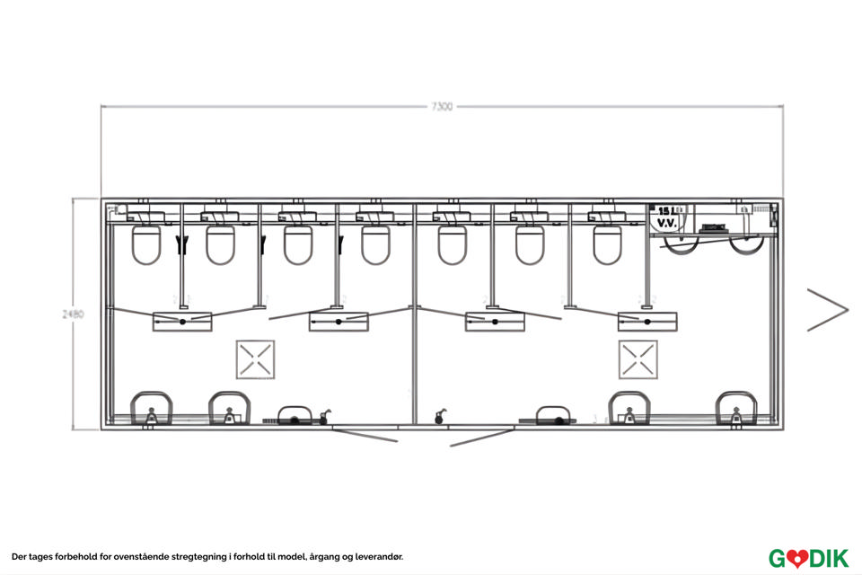 Luksus toiletvogn med 7 toiletter og 2 urinaler - Toiletter med skyl