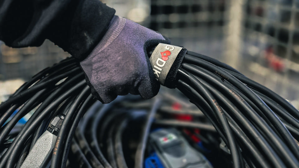 En handskeklædt hånd bærer kabler markeret med Godik logo